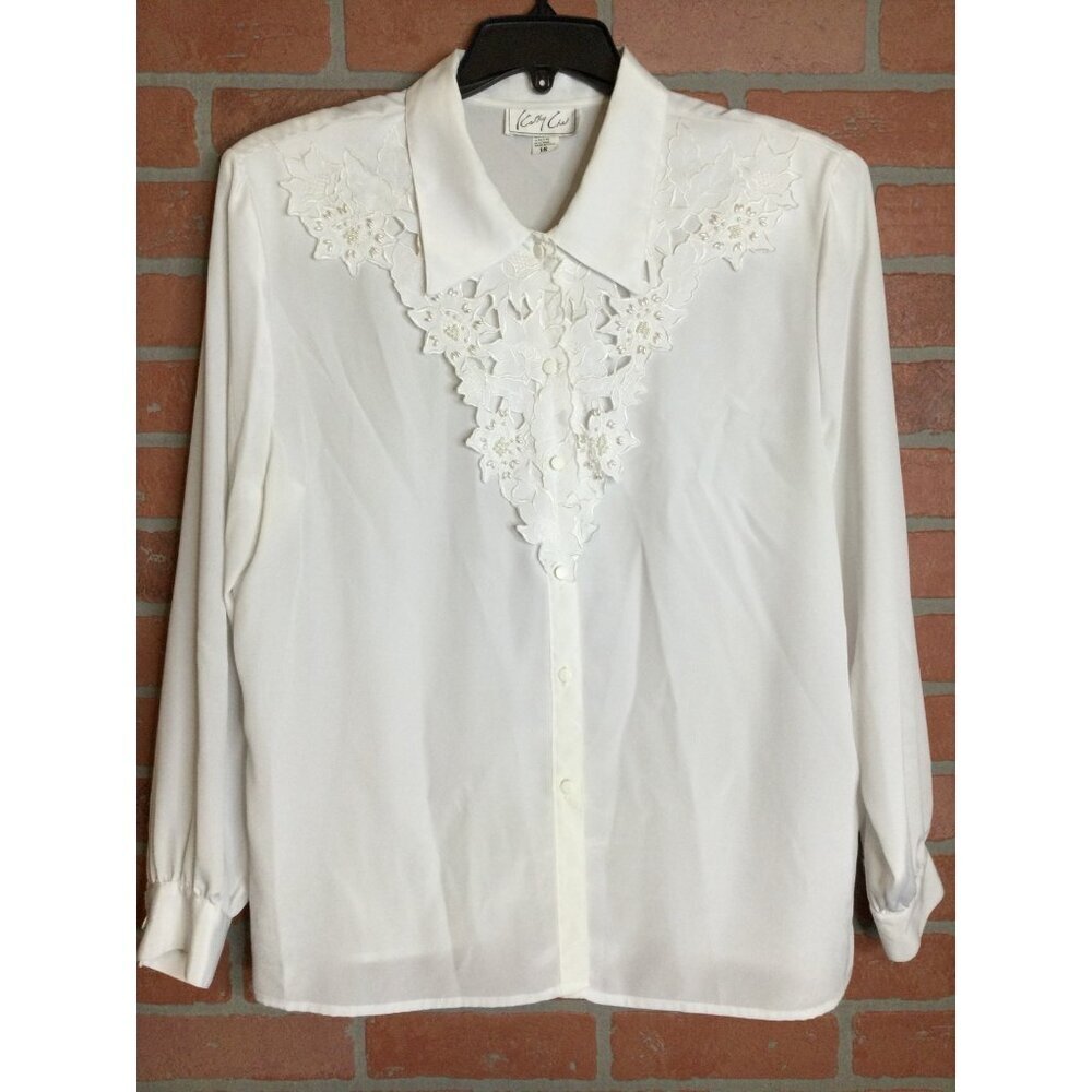 Cathy Che Size 18 White Blouse Lace & Pearl Embellishment Vintage Polyester Made
